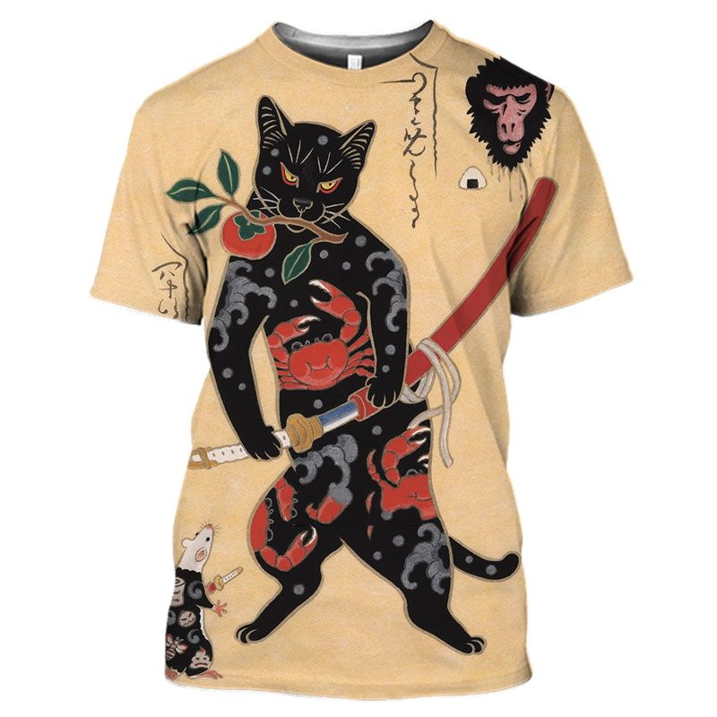 Kukebang Retro T-shirt Mannen Vrouwen Samurai Kat Tattoo Shirt Voor Mannen 3d Print Cool Classic Art Shirt Voor Zomer Ronde Kraag tops Tees S