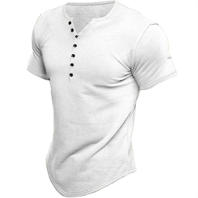 ForYourBeauty Zomer korte mouw heren T-shirts mannen Tee Buttons V hals T-shirt man solide top S wit