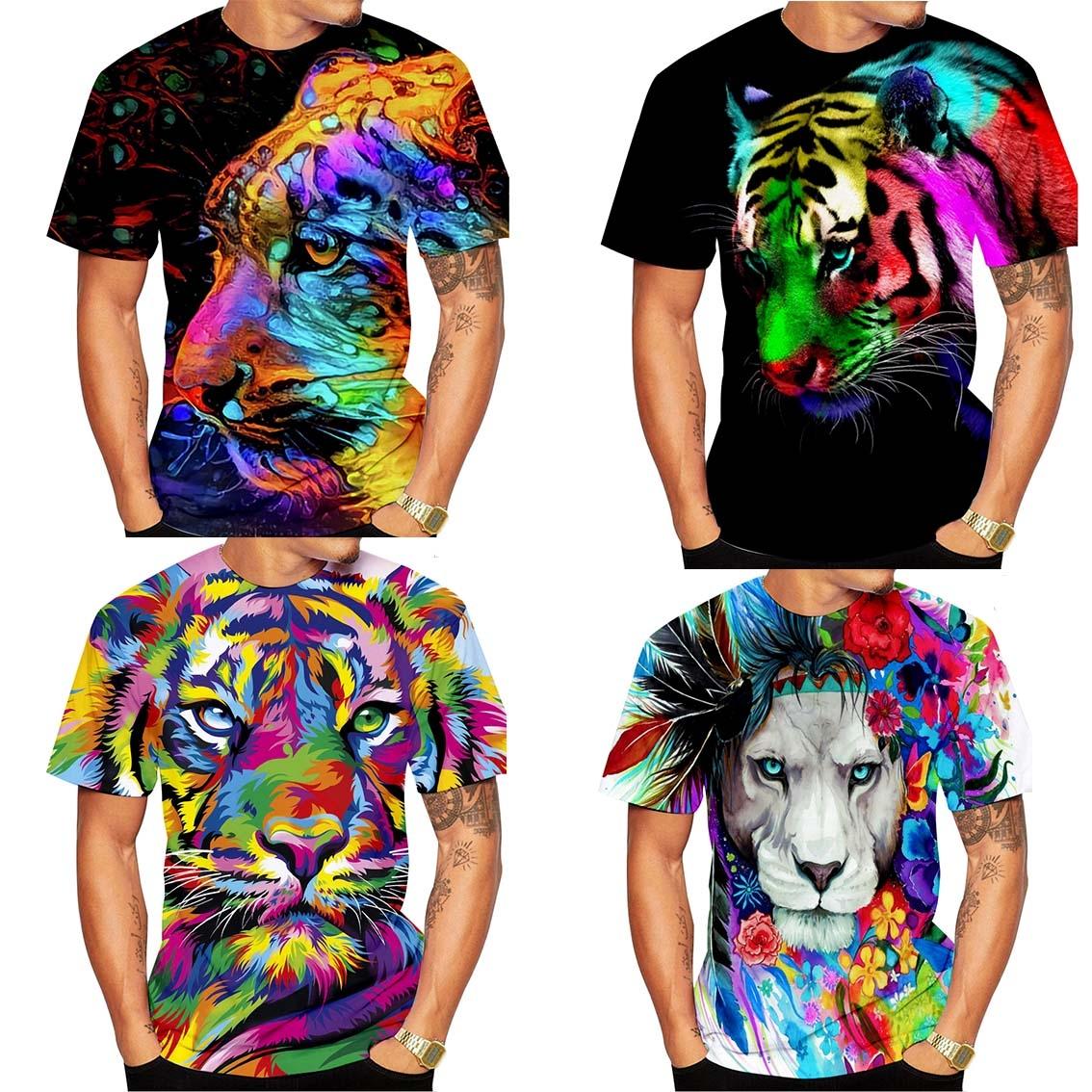 Factory Outlet Clothing Mode-shirt voor heren en dames, graffiti, inkjet, korte mouw, luipaard, leeuw, tijger, 3D-kleding, creatieve hiphop, korte mouw XXS lichtbruin