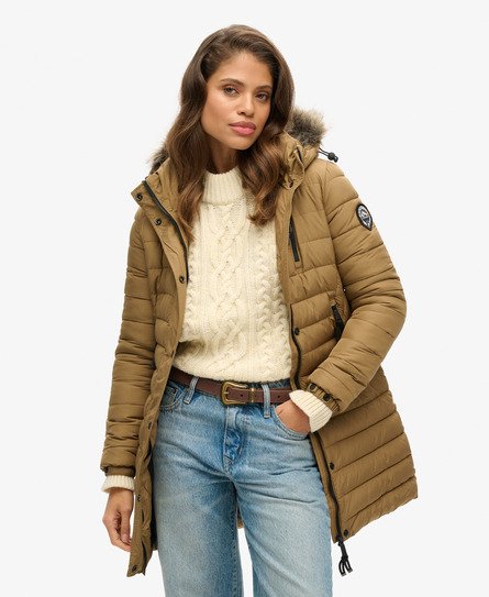 Superdry Vrouwen Halflange Pufferjas met Imitatiebont Bruin