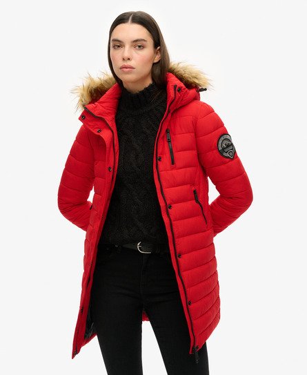 Superdry Vrouwen Halflange Fuji Pufferjas met Capuchon Rood