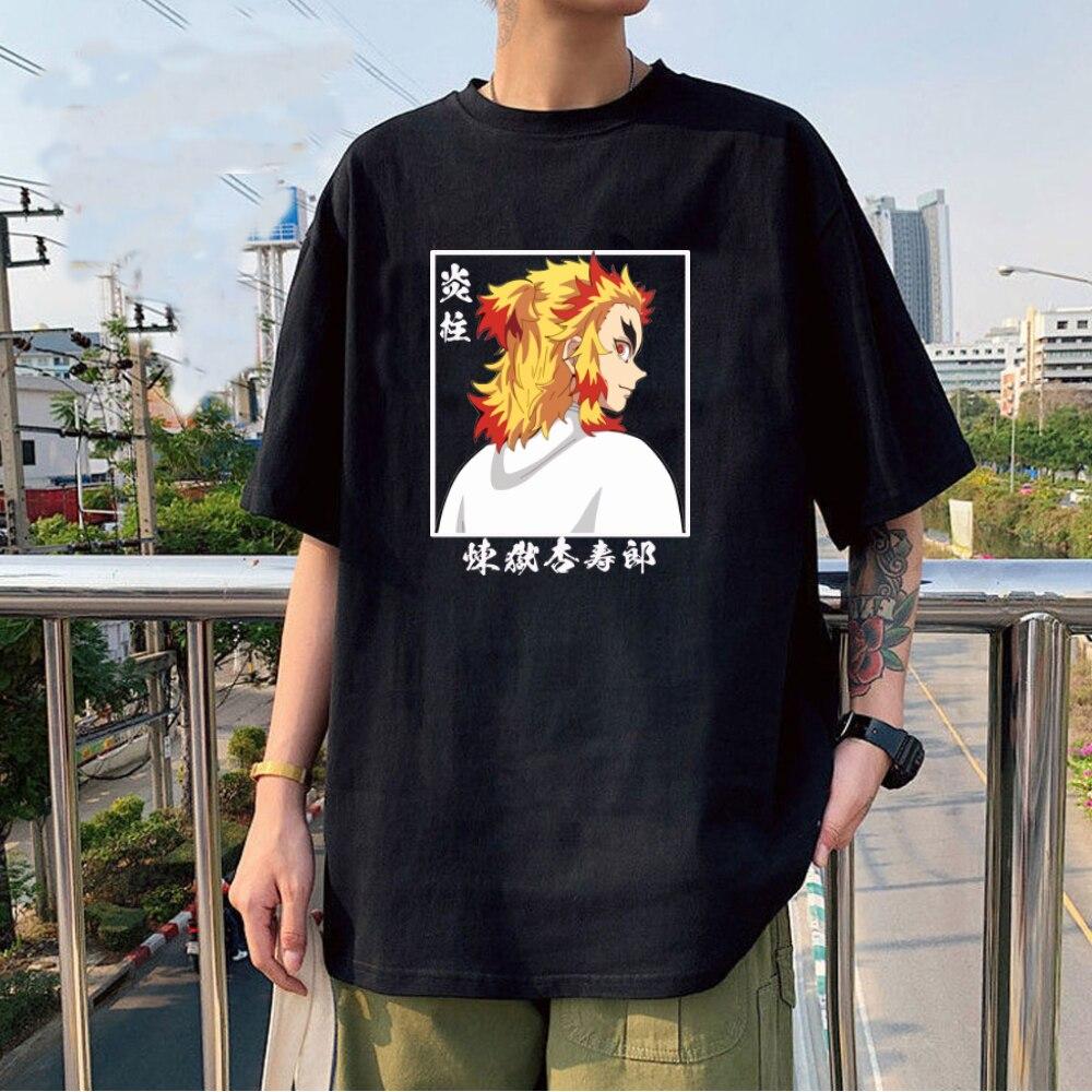 Limindong Rengoku Kyoujuro Demon Slayer Unisex T-shirt Harajuku O-hals Hot Anime Kleding Zomer Sport Jogging Korte Mouwen S zwart