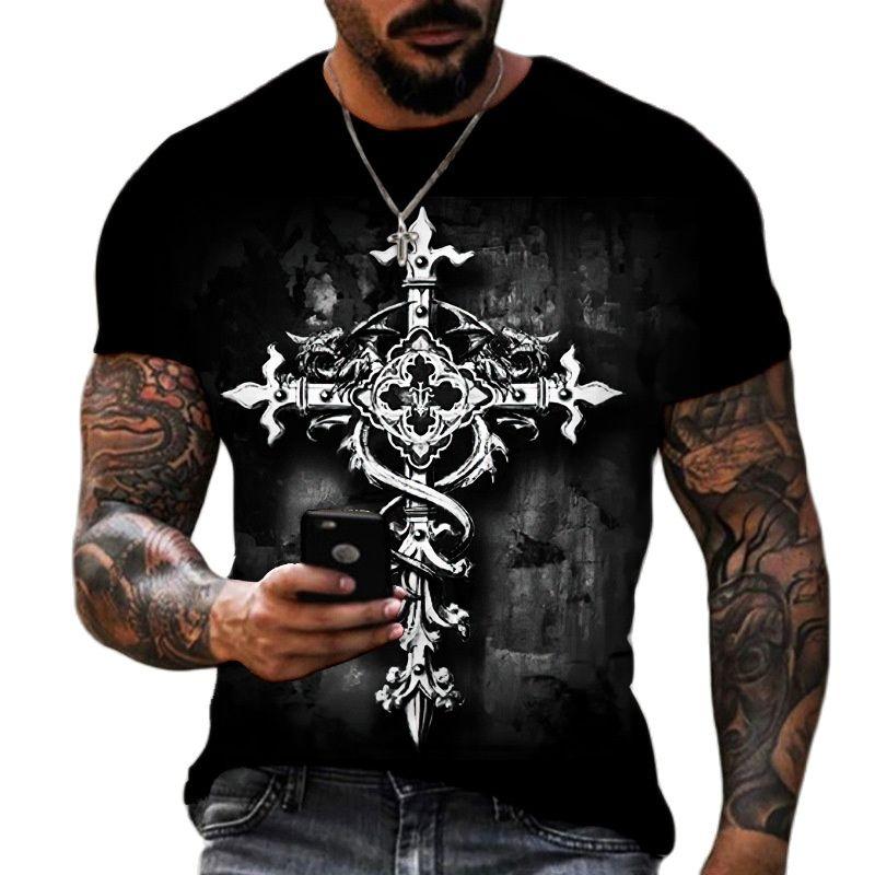 Kukebang Nieuwe mannen T-shirts 3d Cross Print Korte Mouw Tops Cool Kruisbeeld T-shirt Voor Man Oversized T-shirt Mannen vintage Kleding S