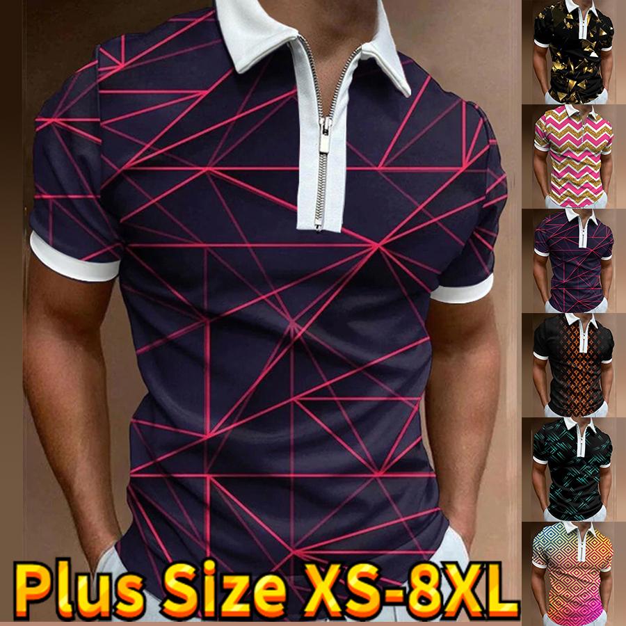 Happy Show Casual Revers T-shirt Jonge Mannen Mode Rits T-shirt Korte Mouw T-shirt Mannen 3D Roze Lijn Print T-shirt XS blauw