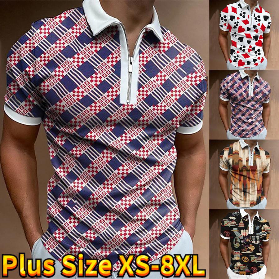 Happy Show Casual Revers T-shirt Jonge Mannen Mode Rits T-shirt Korte Mouw T-shirt Heren 3D Roze Plaid Patroon Print T Shirt XS blauw