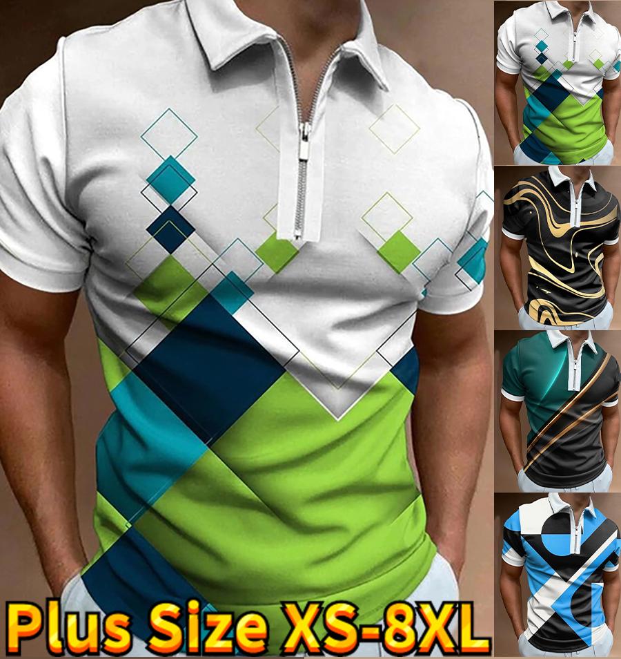 Happy Show Casual Revers T-shirt Jonge Mannen Mode Rits T-shirt Korte Mouw T-shirt Heren 3D Groen Vierkant Print T-shirt XS blauw