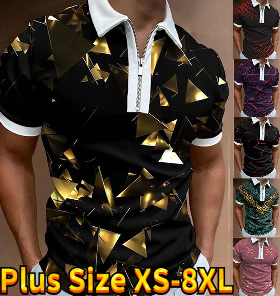 Happy Show Casual Revers T-shirt Jonge Mannen Mode Rits T-shirt Korte Mouw T-shirt Heren 3D Golden Texture Print T Shirt XS goud