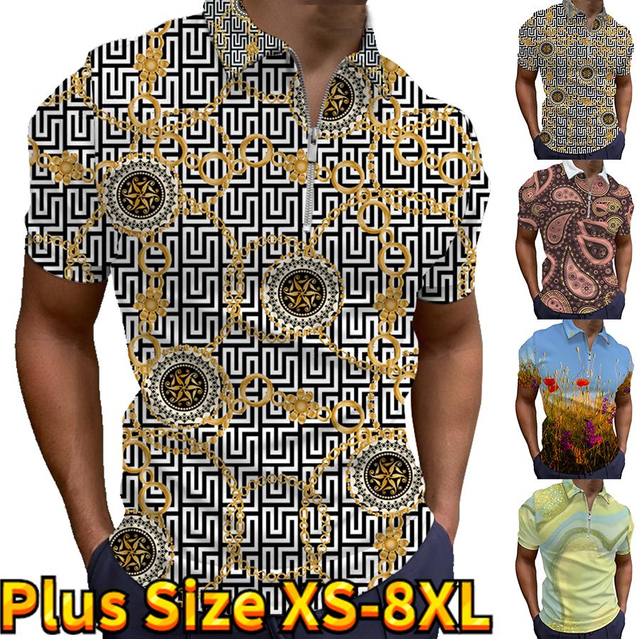 Happy Show Casual Revers T-shirt Jonge Mannen Mode Rits T-shirt Korte Mouw T-shirt Heren 3D Gouden Ketting Print T Shirt XS goud