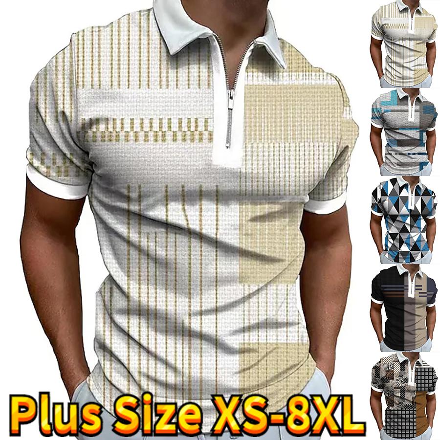 Happy Show Casual Revers T-shirt Jonge Mannen Mode Rits T-shirt Korte Mouw T-shirt Heren 3D Gele Streep Print T-shirt XS beige