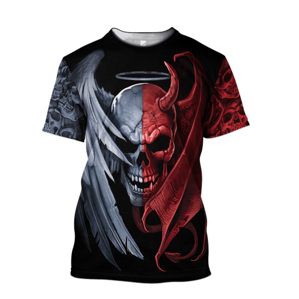 TIP723 Zomermode Schedel Rode Tattoo 3D Volledige Print T-shirt Casual O Kraag Korte Mouw Losse Unisex Street Top Kleding XS