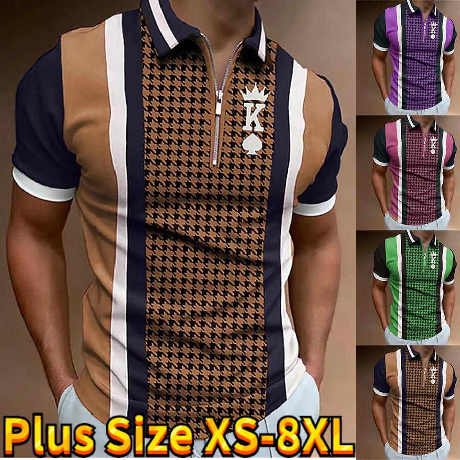 Happy Show Casual Revers T-shirt Jonge Mannen Mode Rits T-shirt Korte Mouw T-shirt Heren 3D Stripe Stijl Print T Shirt XS bruin