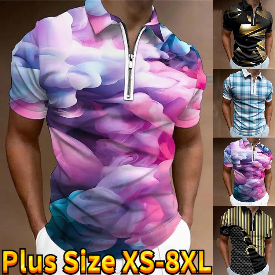 Happy Show Casual Revers T-shirt Jonge Mannen Mode Rits T-shirt Korte Mouw T-shirt Mannen 3D Kleurrijke Wolken Print T-shirt XS beige