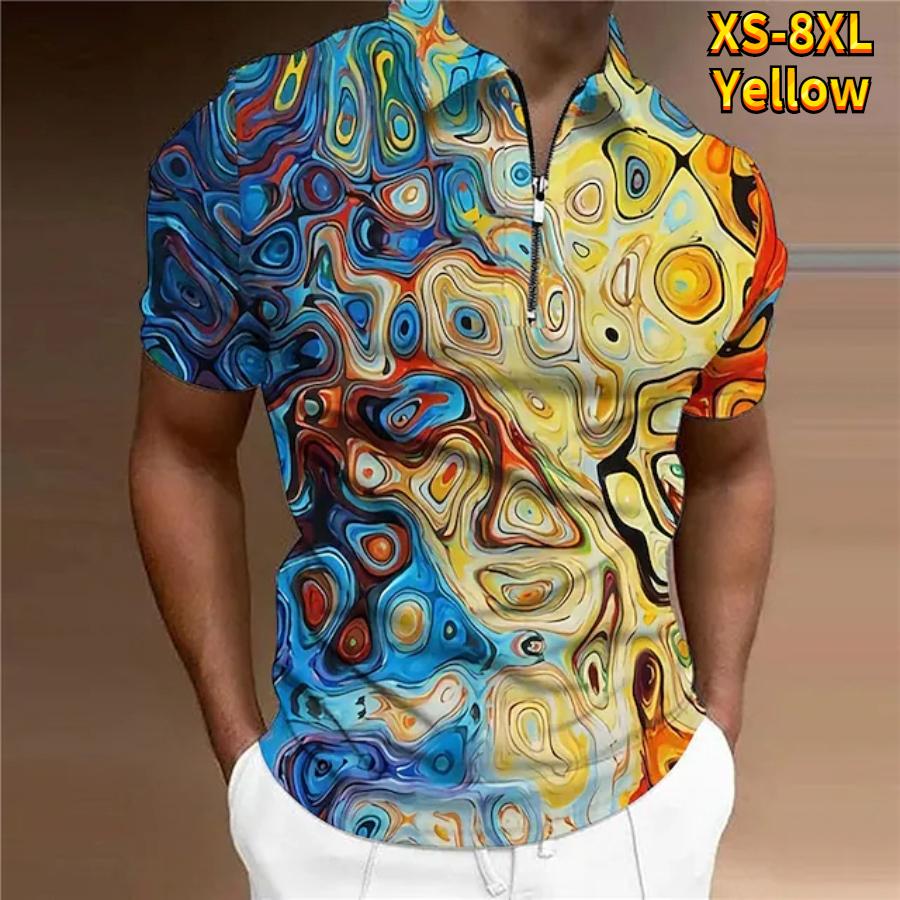 Happy Show Casual Revers T-shirt Jonge Mannen Mode Rits T-shirt T-shirt korte mouw T-shirt Heren 3D Geel Patroon Print T-Shirt XS blauw