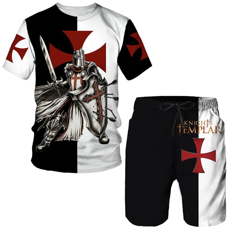 TIP723 Crusader Knight Print T-shirt Voor Mannen Hip Hop Tempel Harajuku O-hals T-shirts Mode Shorts 2 Stuk Outfit Sets vintage Kleding XL