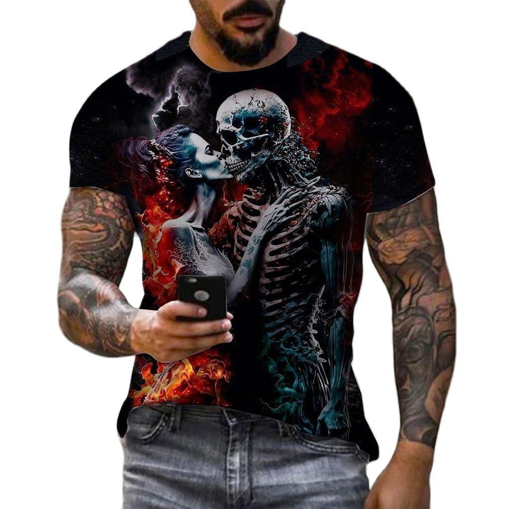 Kukebang Vintage T-shirts voor mannen Horror Undead Skull Patroon 3D Bedrukt Mode Oversized T-shirt met korte mouwen Heren Casual kleding S