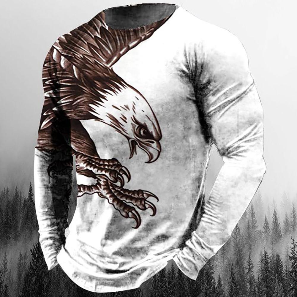 ETST 07 Mannen Eagle Print Patroon Casual Lange Mouw T-shirts Herfst Streetwear 3D Animal Printing Hip Hop Mannelijke Tops Tees Plus size 5XL S