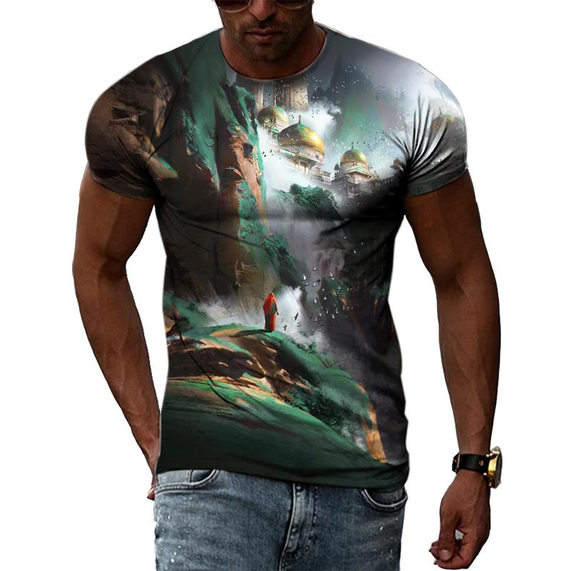 ETST WENDY 05 Interessante Creatieve Kasteel Landschap Tekening Mannen T-shirts 3D Fashion Casual Persoonlijkheid Hip Hop Harajuku Print Korte Mouw Tee S