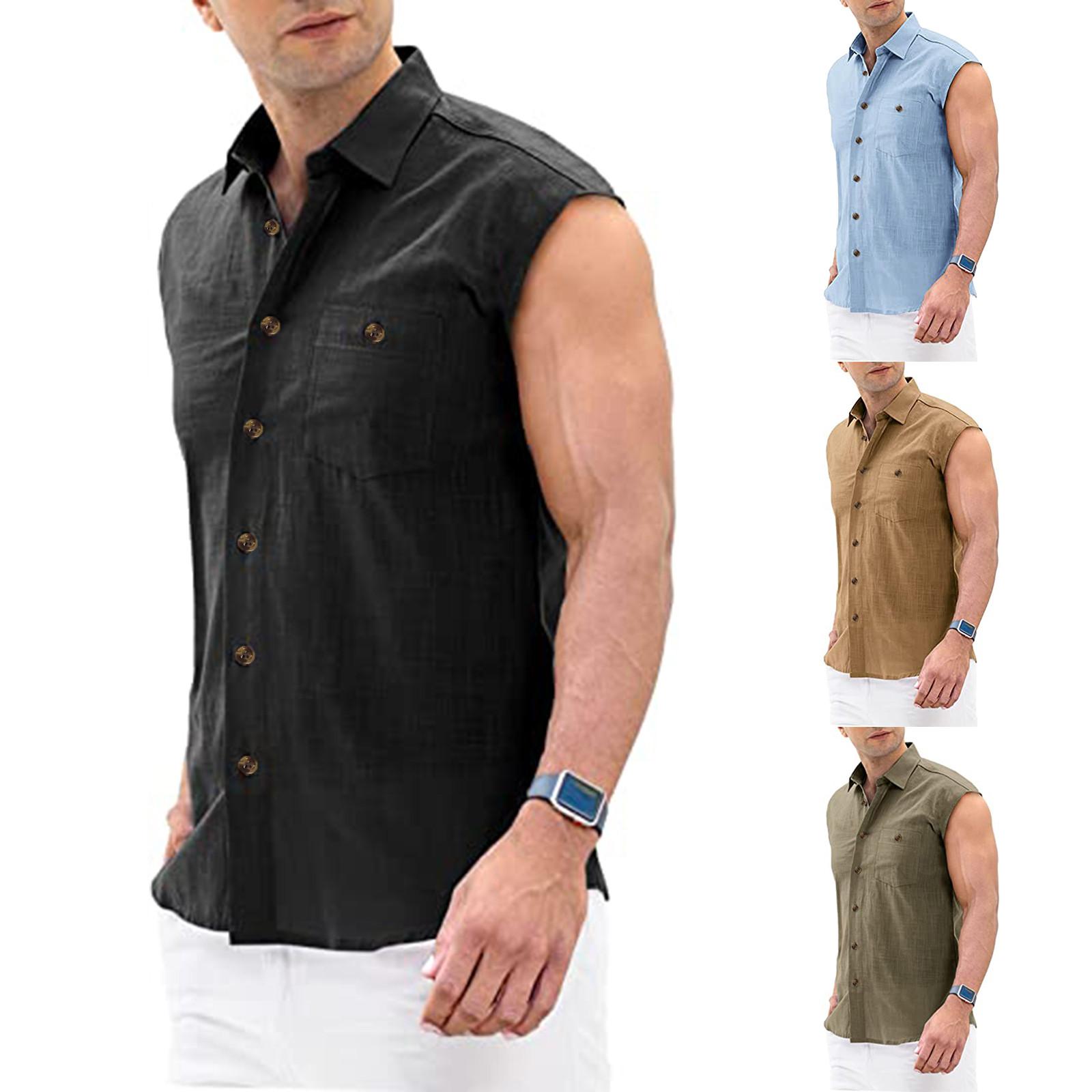 AKA002 Katoen Linnen Heren Shirt Mouwloos Mode Man Blouses 2022 Linnen Top Mannelijke Shirts Blouse Basic Hombres Tops Strand Mannen Kleding S zwart