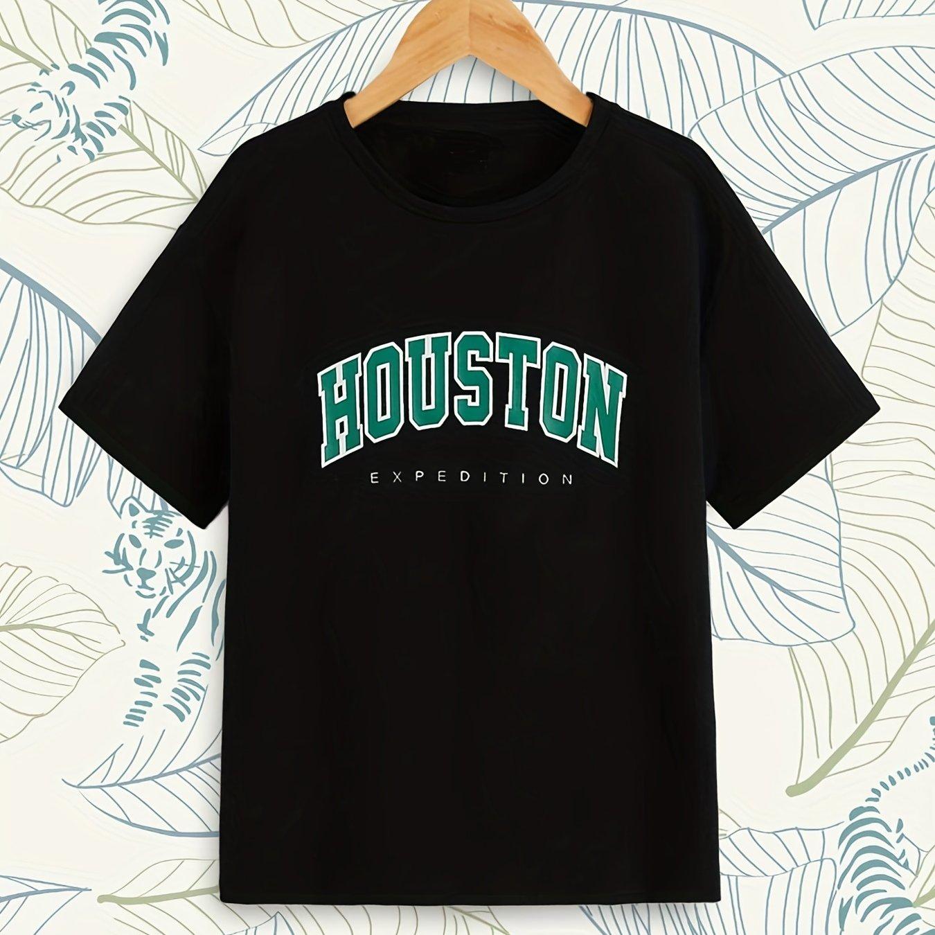 WE BELIEVE Mode Heren Tee, Zomer Casual HOUSTON Letter Print Top, Jeugd Crew Hals T-shirt met korte mouw S zwart