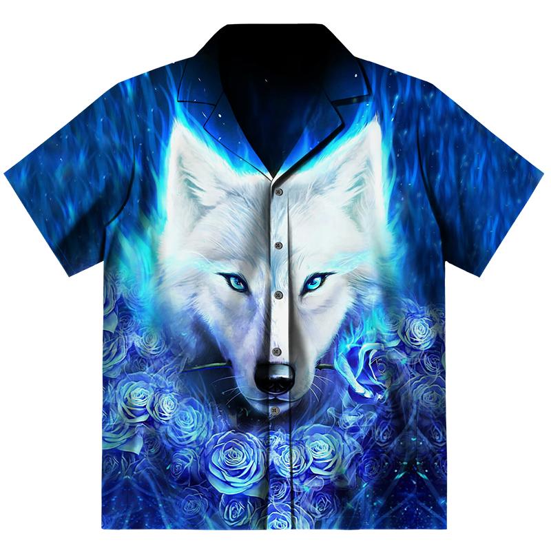 Factory Outlet Clothing Mannen Shirts Harajuku 3D Wolf Print T-shirt Korte/Lange Mouw Turn-down Kraag Knop Oversized Tops Punk kleding Mannen Vest S