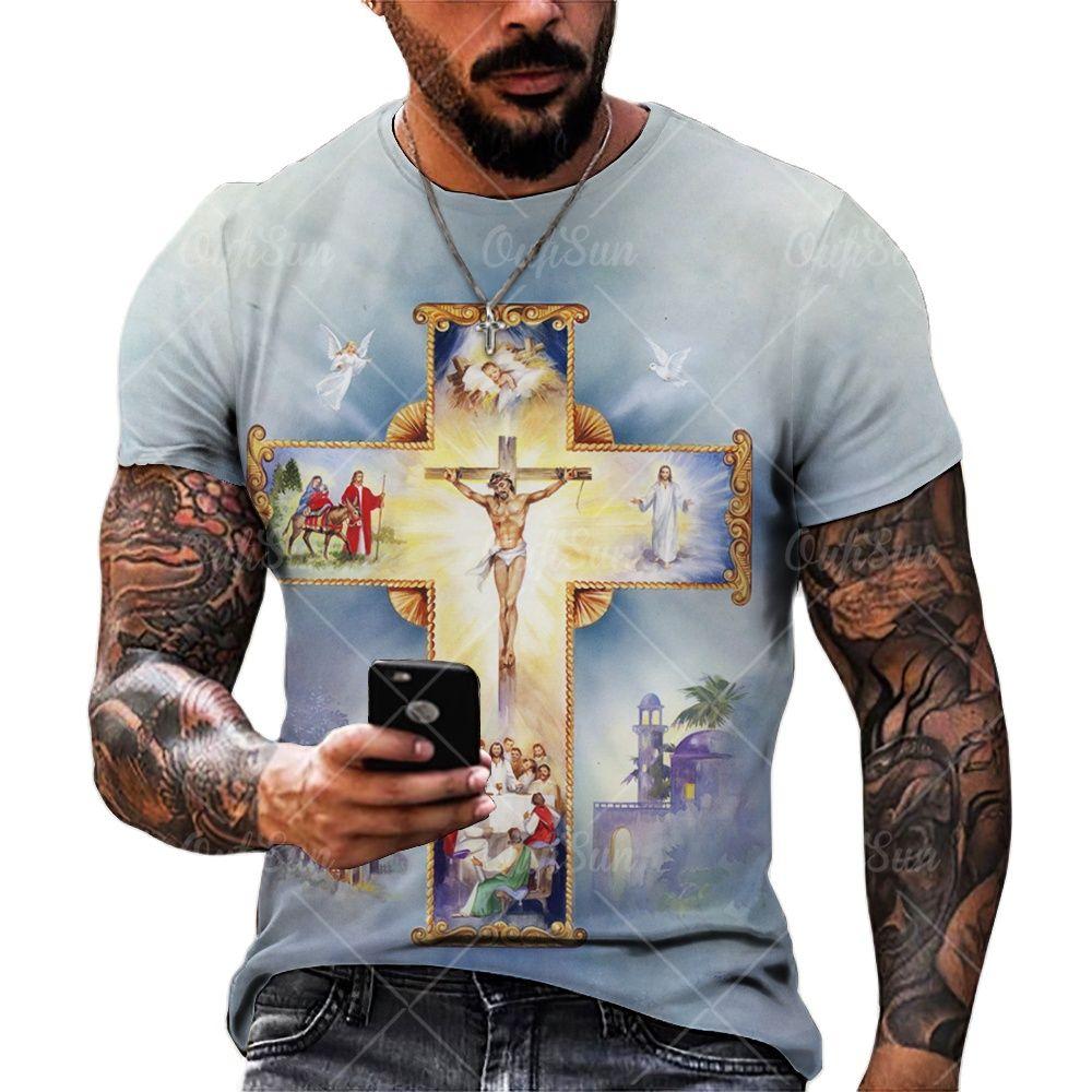 Xiao Xiang Zomer heren Jezus Christus T-shirt 3D Cross Gedrukt Korte Mouw Tops Vintage Religie T-shirts Oversized T-shirt Man Kleding 6XL