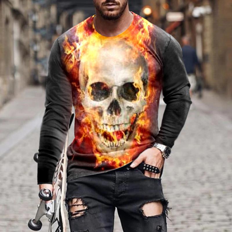 ETST WENDY 05 Vlam Schedel 3D Gedrukt Streetwear Heren T-shirts Lange Mouw Ronde Hals Horror Halloween Man Tops Losse Gothic Ronde Hals tees 6XL