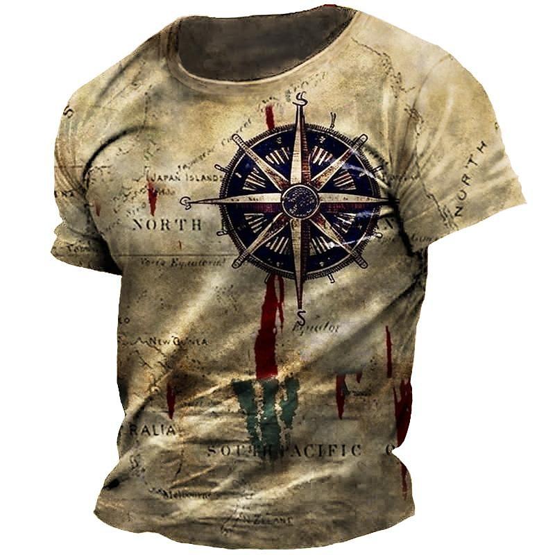 ETST 07 Vintage T-shirt heren zomer korte mouwen navigatiekompas 3d print t-shirt mode Britse herenkleding streetwear 6XL