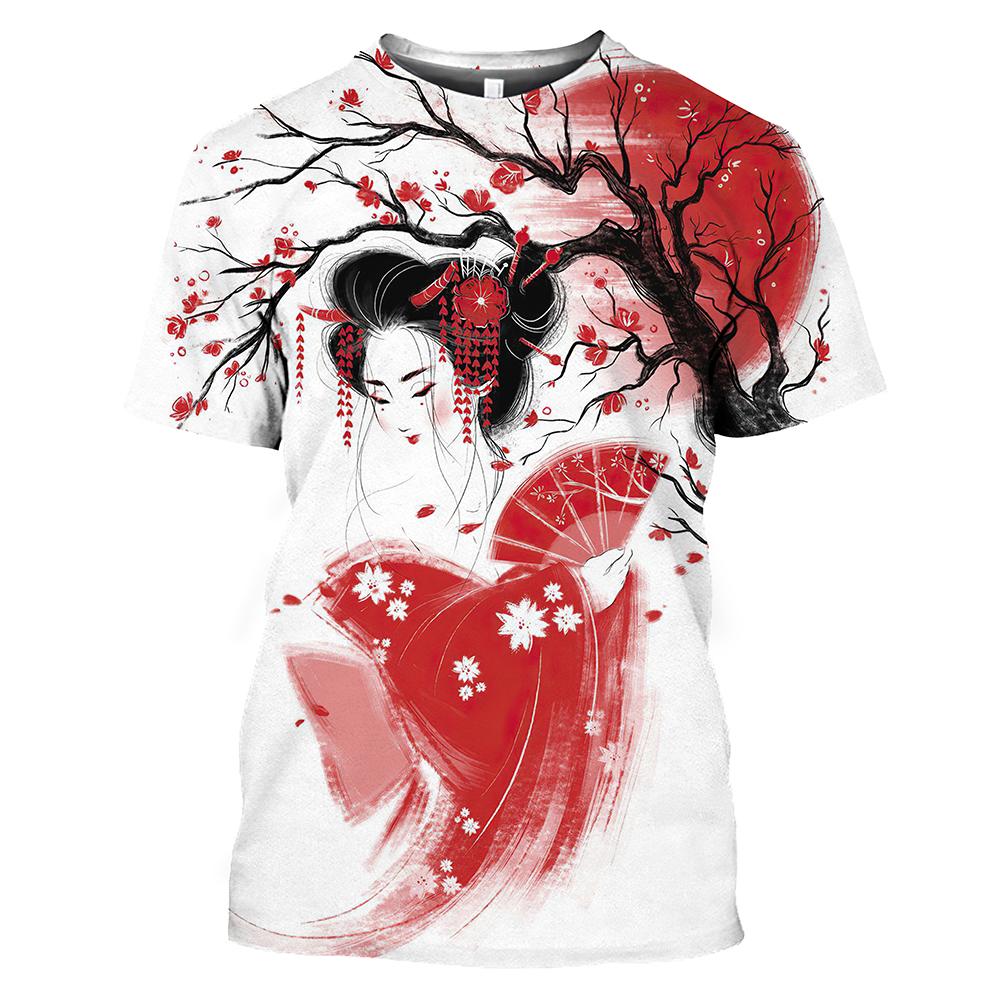 ETST 07 Mode Japanse Geisha grafische t-shirts voor unisex Zomertrend Casual Fun Street Style Gedrukt T-shirt met ronde hals en korte mouwen S