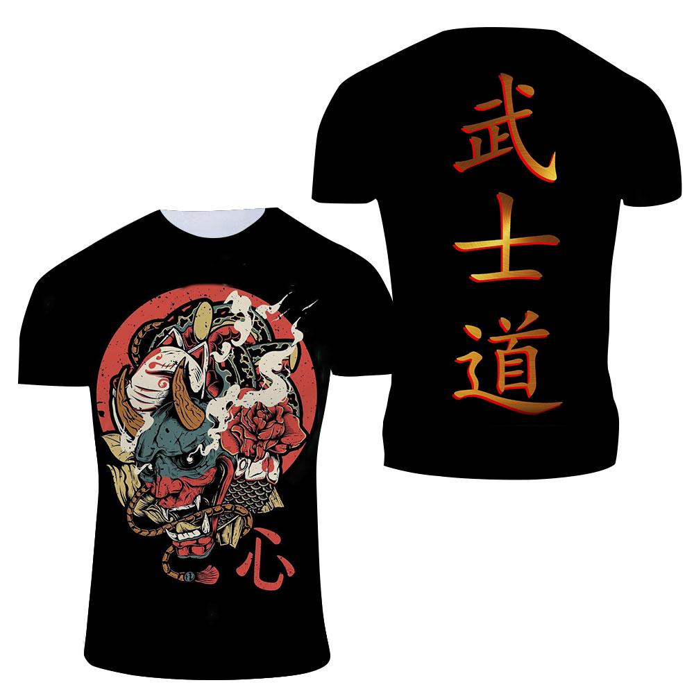 ETST 07 Exclusief ontwerp Bushido cool T-shirt Zomer Mode Mannen Casual Persoonlijkheid Japanse Samurai Patroon Gedrukt streetwear Tees S