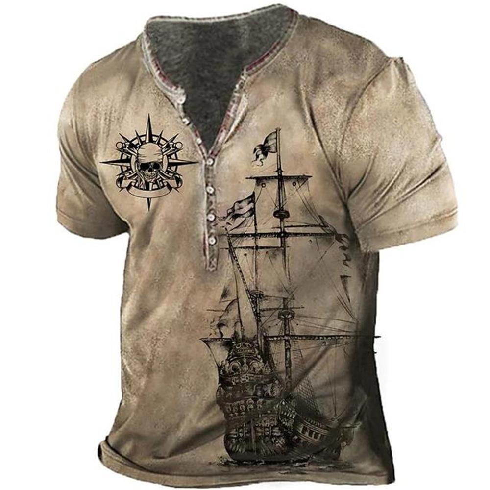 Xiao Xiang Vintage heren T-shirts 3D bedrukt schip korte mouw T-shirt oversized navigatie top henley shirt man kleding punk streetwear S