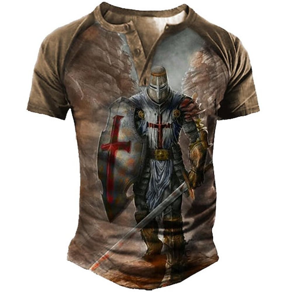 TIP723 Oversized T-shirt voor mannen Vintage 3D Print Kleding Tempeliers Ridder Henley T-shirts Gothic V-hals Korte mouw Tee Lente Zomer S