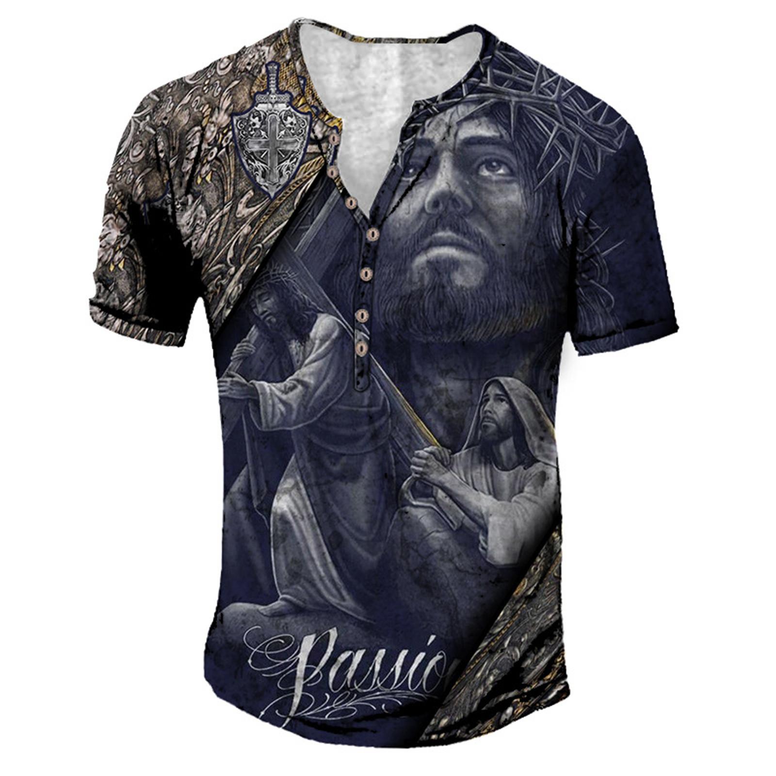 Xiao Xiang Vintage heren T-shirts Mode Jezus 3D Gedrukt Gothic Korte Mouw Casual Henley Shirt Losse Tops T-shirt Man Punk Streetwear S