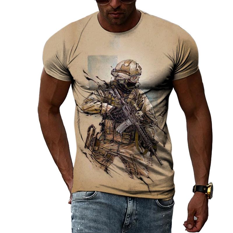 ETST 03 Zomer Mode Creative Image Heren T-shirt ronde kraag korte mouw Tops camouflage uniform soldaat special forces retro gun XS