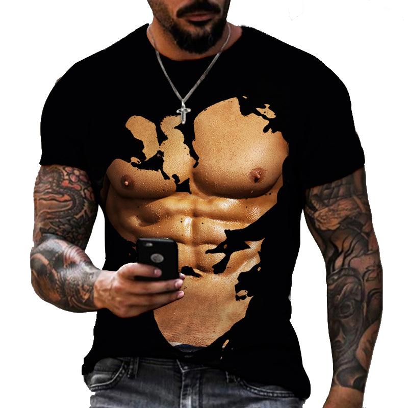 ETST 03 Zomer Mode Creative Image Heren T-shirt ronde kraag korte mouw Tops Persoonlijkheid Art Borst Spier Macho Power Hercules XS