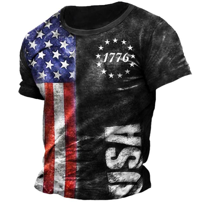 ETST 07 Heren T-shirt Retro 3D Vlag Print Straat Kleding Hip Hop O-hals Retro Tops Herenkleding Mode Korte Mouw Grote T-shirts M