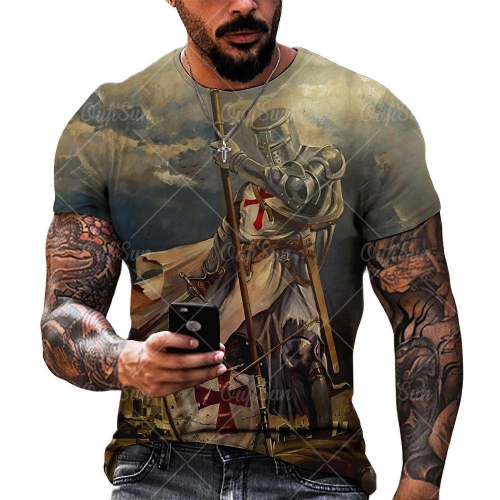 ETST 03 Zomer Heren T-shirts 3d Ridder Print Korte Mouw Tees Straat Vintage T-shirt Oversized Top Tee Shirt Mannen Kleding snelle Verzending 5XL