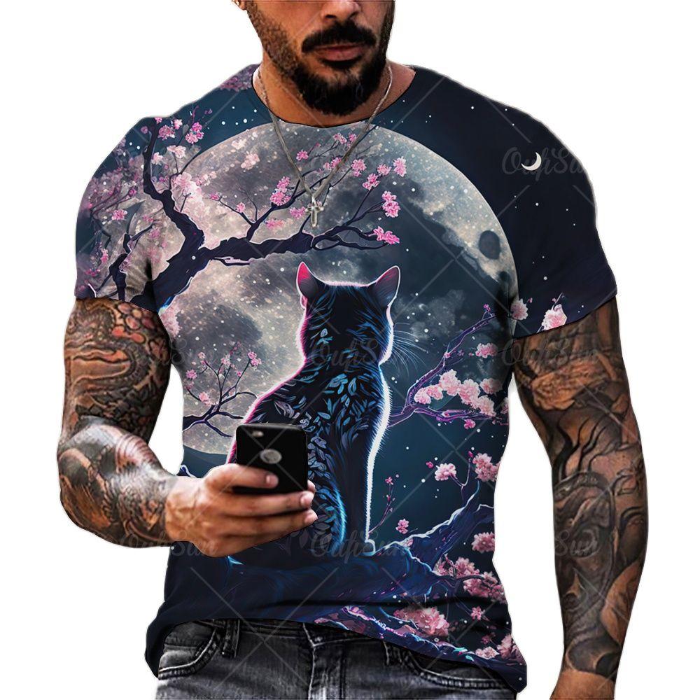 ETST 03 Vintage T-shirts Voor Mannen 3D Kat Gedrukt Korte Mouw Tops Zomer Mode Dieren T-shirt Straat Oversized T-shirt Heren kleding XS