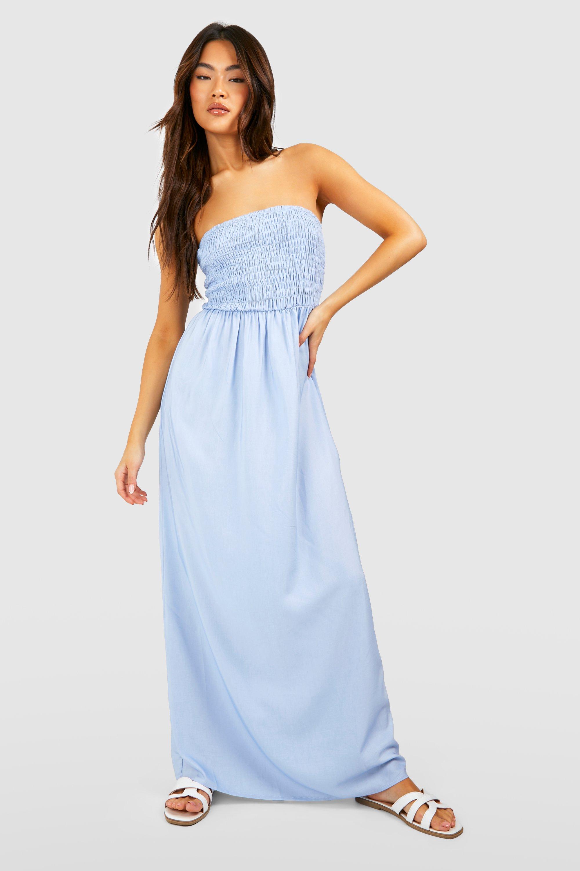 Boohoo Geplooide Strapless Chambray Maxi Jurk, Light Blue