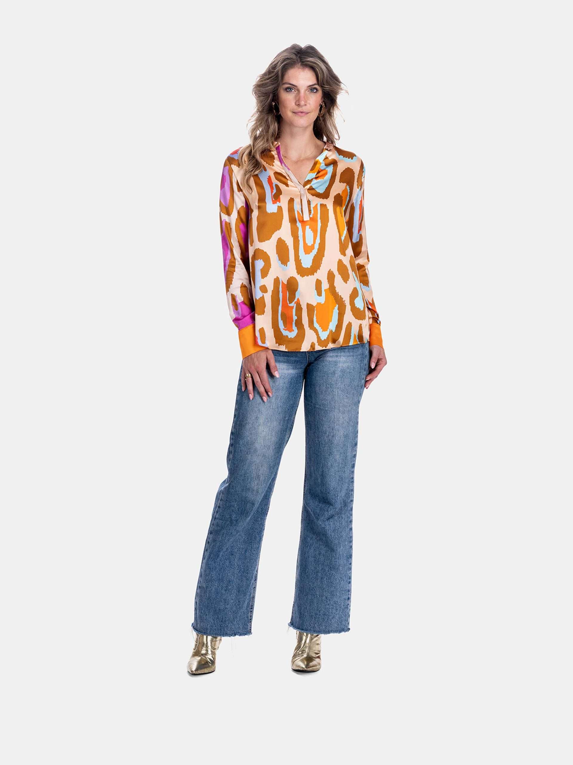 Mucho Gusto Zijden blouse monza levendige oranje en fuchsia luipaardprint met verloop effect