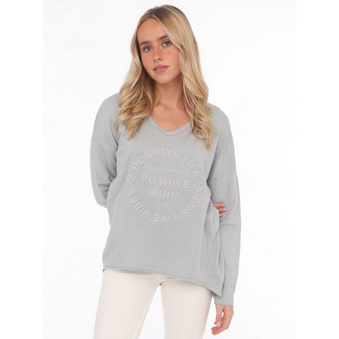 Zwillingsherz Sweatshirt BW Positive Mind Sweatshirt in used-look met V-hals en stempelprint