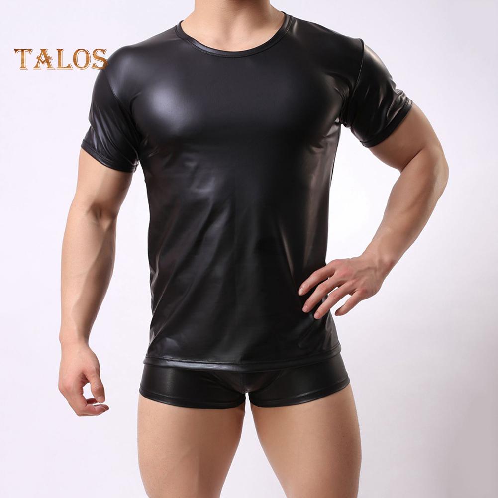 Talos Men Clothing TMC heren kunstleer effen kleur elastische topbar podiumprestatie slank T-shirt L zwart