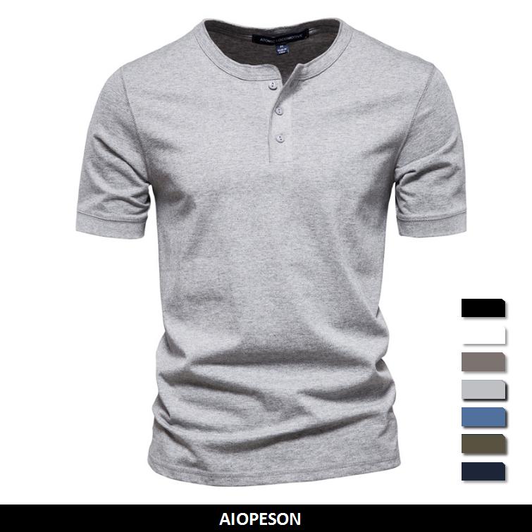 AIOPESON Men Fashion AIOPESON 100% Katoen Henley Kraag T-shirt Mannen Casual Hoge Kwaliteit Zomer Korte Mouw Heren T-shirts Mode Basic T-shirt voor Mannen 3XL 90-98 kg donkergrijze kleur