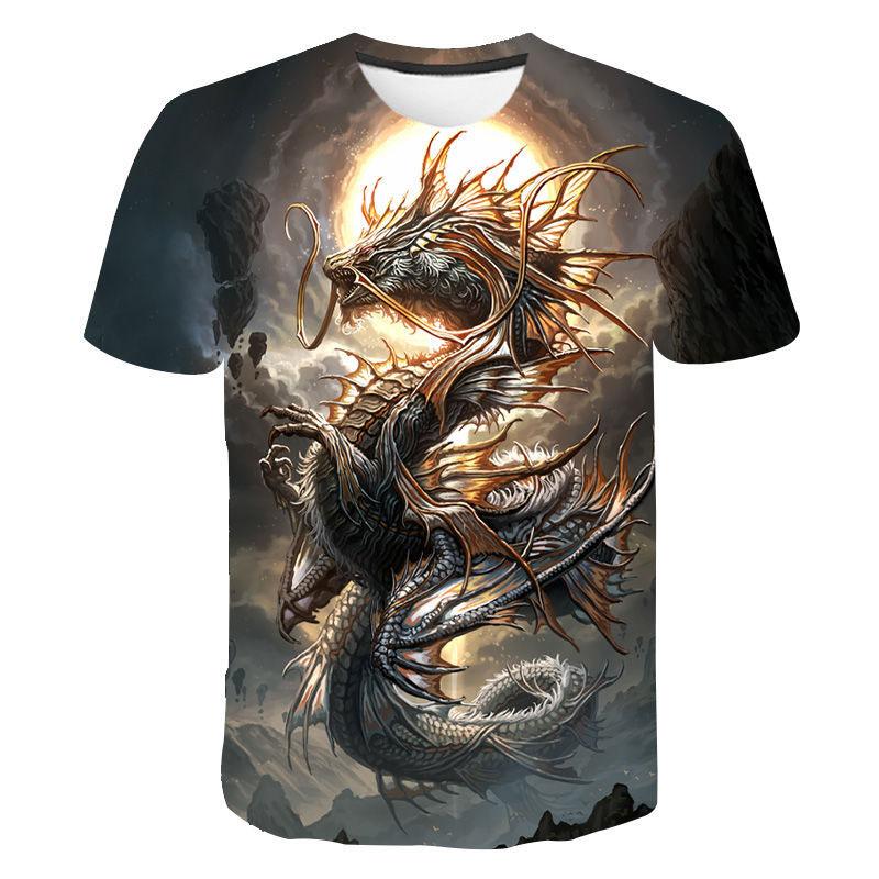 Kukebang Nieuwe zomer mannen dragon 3D geprint patroon T-shirt casual sport o kraag korte mouwen shirt hip-hop harajuku t-shirt S