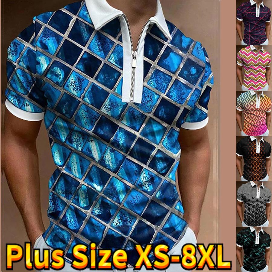 Happy Show Casual Revers T-shirt Jonge Mannen Mode Rits T-shirt T-shirt korte mouw T-shirt Heren 3D Blue Diamond Grid Print T-shirt XS blauw