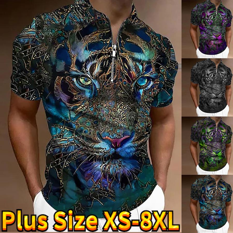 Happy Show Casual Revers T-shirt Jonge Mannen Mode Rits T-shirt Korte Mouw T-shirt Mannen 3D De Blik Van Een Tijger print T-shirt XS blauw