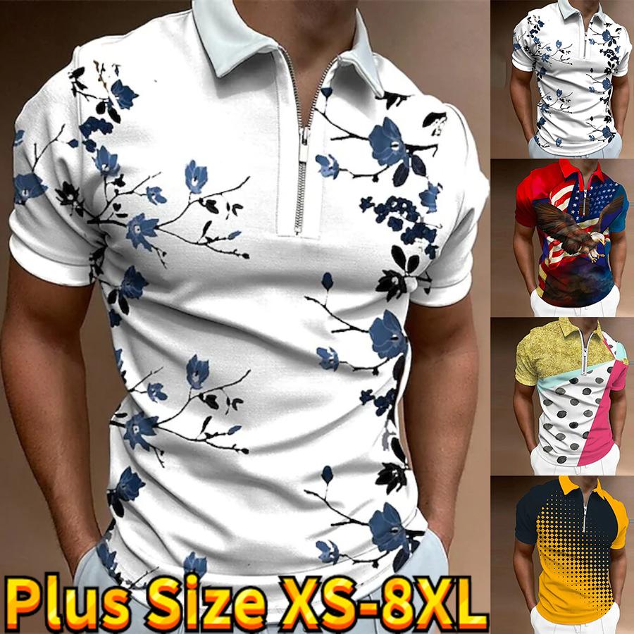 Happy Show Casual Revers T-shirt Jonge Mannen Mode Rits T-shirt Korte Mouw T-shirt Mannen 3D Blauwe Bloemenprint T-shirt XS beige