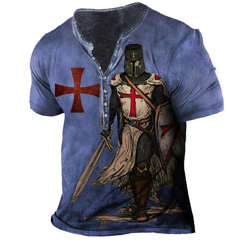 TIP723 Vintage T-shirt voor mannen 3D Print Knight Henley Shirt V-hals korte mouw Oversized Tops Tee Shirt Herenkleding Streetwear L