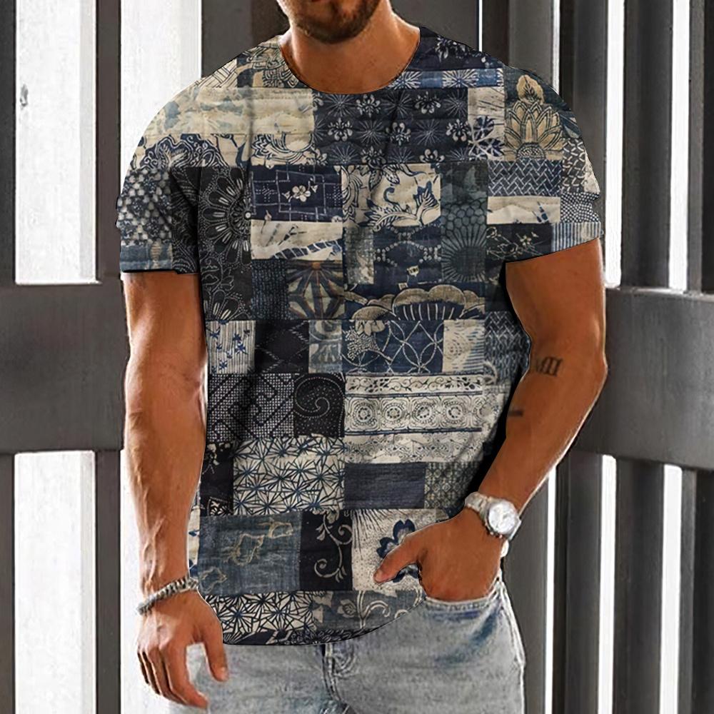 ETST 03 Vintage T-shirt voor mannen 3D oude afdrukken korte mouwen middelbare leeftijd shirt oversized herenkleding patchwork tees tops streetwear 3XL