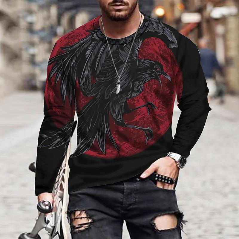 ETST 03 Animal Crow Vintage 3D Print Zomer mannen Ronde Hals T-shirt Casual Lange Mouw Oversized T-shirt Mode Trui Mannen kleding M