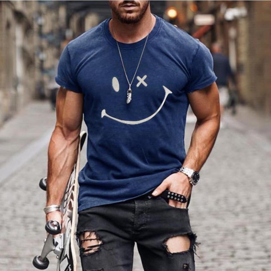 HerSight Ademende Mannen Zomer Outfit Tee 3D Glimlach Gedrukte T-shirt Casual O Hals Sportwear T-shirts Korte Mouw Losse Tops S blauw